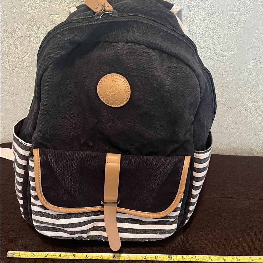 #1201: Unisex Deep Dark, Brown, Navy Blue & Tan Striped Backpack Monkey 🐵 - Picture 6 of 11